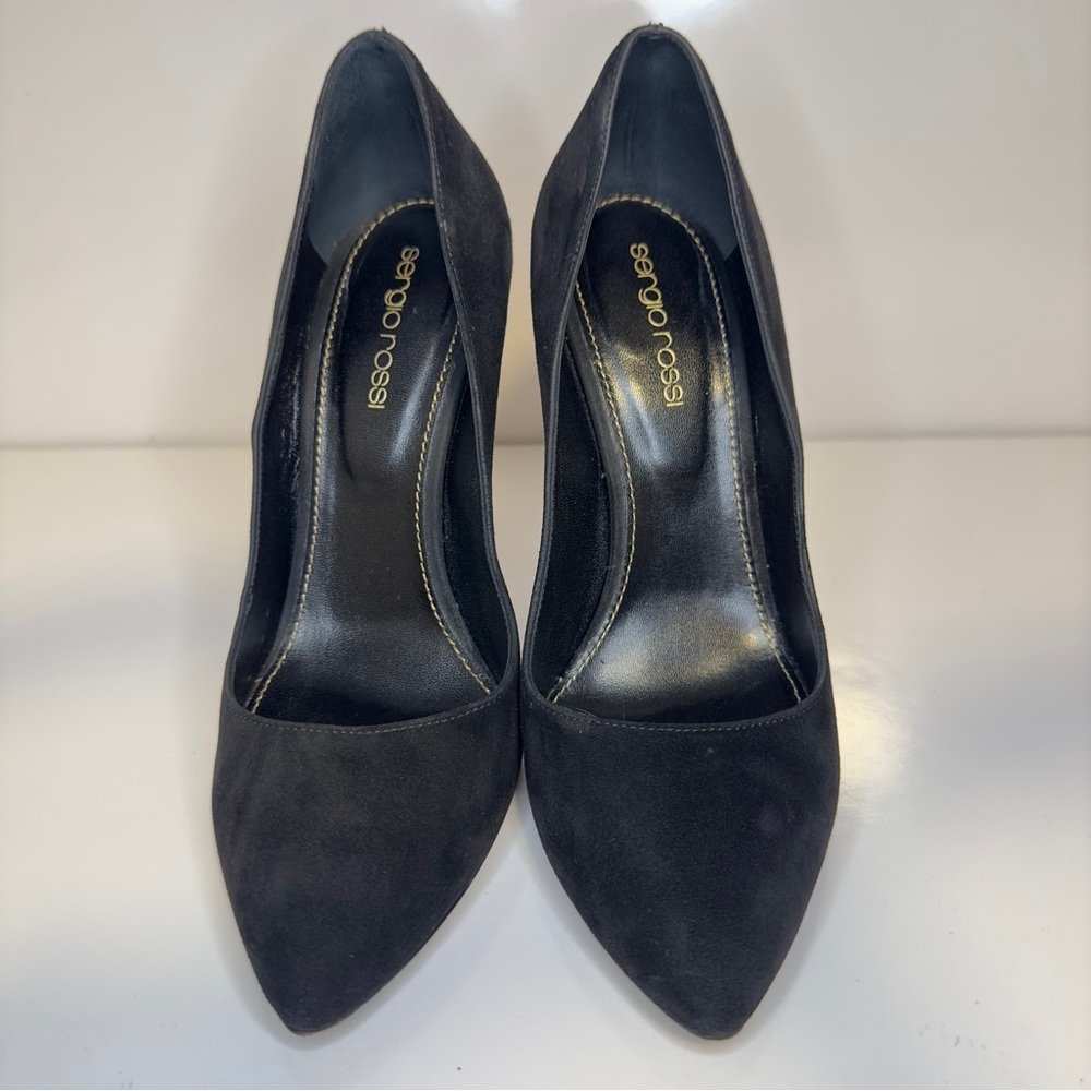 New! SERGIO ROSSI BLACK SUEDE WITH NET GOLDEN DETAIL HEELS SIZE 36 - Picture 8 of 12
